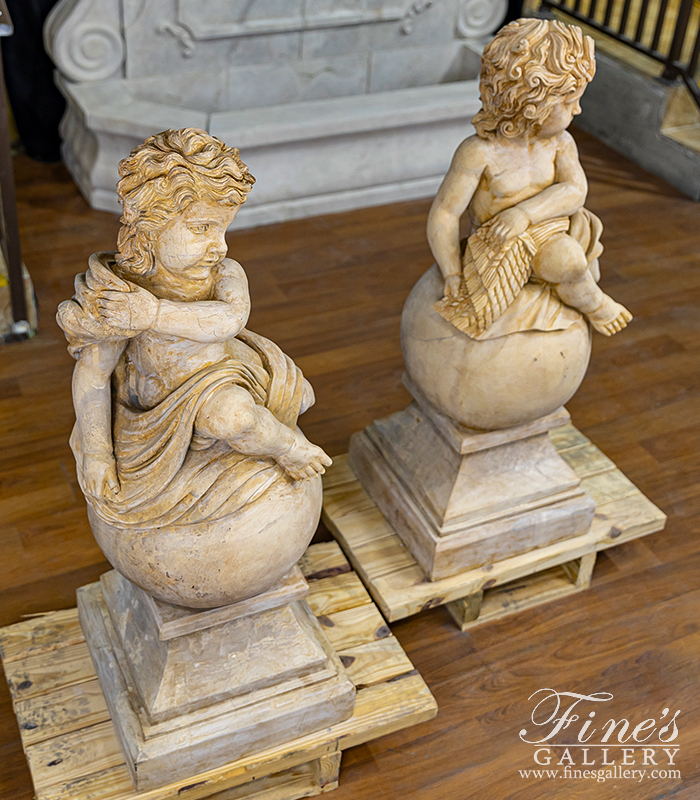 Marble Statues  - Pair Of Cherubs In Rare Breccia Tone Marble - MS-210